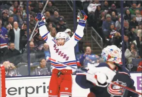  ?? Jay LaPrete / Associated Press ?? New York Rangers’ Ryan Strome celebrates a goal against the Columbus Blue Jackets during the third period on Friday in Columbus, Ohio. The Rangers won 3-1.