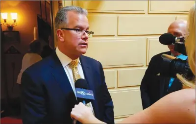  ?? Photo by Joseph B. Nadeau ?? R.I. House Speaker Nicholas Mattiello speaks to reporters at the State House Tuesday after legislativ­e leaders said the General Assembly would not take action this session on a proposal for a new ballpark for the Pawtucket Red Sox.