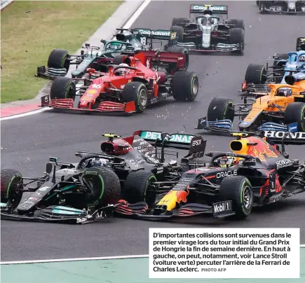  ?? PHOTO AFP ?? D’importante­s collisions sont survenues dans le premier virage lors du tour initial du Grand Prix de Hongrie la fin de semaine dernière. En haut à gauche, on peut, notamment, voir Lance Stroll (voiture verte) percuter l’arrière de la Ferrari de Charles Leclerc.