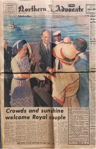  ?? ?? Above, from left: Cunard’s majestic MS Queen Elizabeth; Coverage by the Northern Advocate of the royal couple’s visit to New Zealand in 1977, landing in Onerahi in Whangārei and being met by my parents. Note the borrowed hat and gloves.