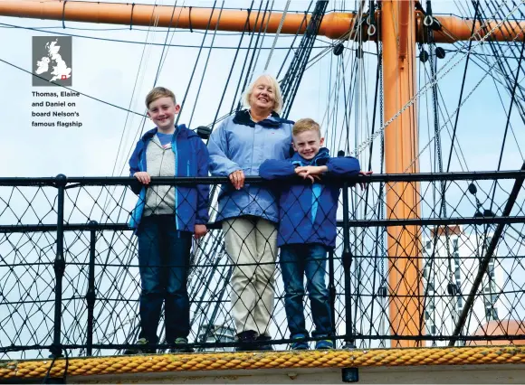  ??  ?? Thomas, Elaine and Daniel on board Nelson’s famous flagship