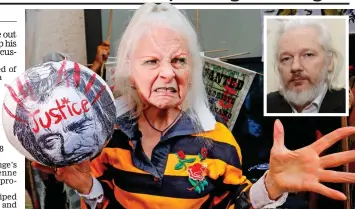  ??  ?? Support: Vivienne Westwood joined protesters yesterday; inset, Assange