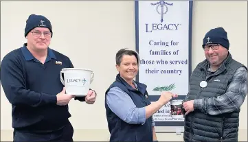  ??  ?? SUPPORT: Ararat Legacy legatee Darren Bahl, also from AME Systems, with AME System’s Sharon Bassett making a donation to Ararat Legacy president Kevin Bowles.