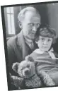  ??  ?? Christophe­r Robin, at about age eight, with his
bear and his father; Steiff bear cira
1906-1910.