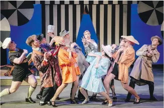  ??  ?? Alison Roberts, centre, as the starlet Janet leads the cast of The Drowsy Chaperone in a musical number during rehearsals for the show, which begins its run tonight at the Phoenix Theatre at UVic.