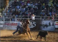  ?? VINCENT OSUNA PHOTOS ?? ABOVE RIGHT: A rider in the steer wrestling event competes during the Cattle Call Rodeo at Cattle Call Arena in Brawley on Saturday afternoon.