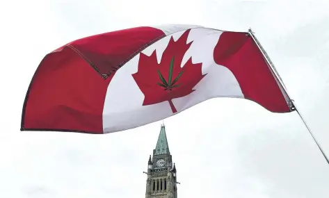  ?? THE CANADIAN PRESS FILES ?? A Canadian flag with a marijuana leaf on it flies during a pro-marijuana rally on Parliament Hill in Ottawa on April 20.