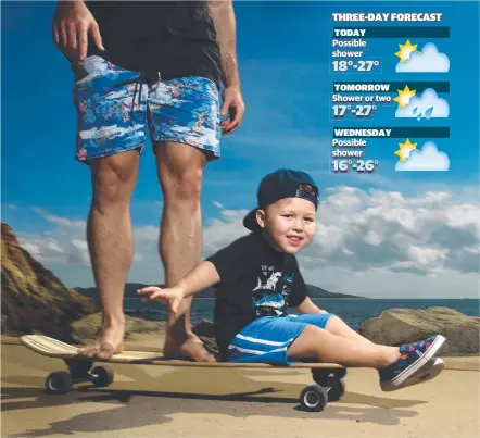  ?? HOT DOGGING: Jonah Newton, 2, enjoys a warm July with a ride on a skateboard at The Strand. Picture: EVAN MORGAN ??