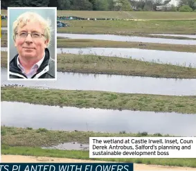  ??  ?? The wetland at Castle Irwell. Inset, Coun Derek Antrobus, Salford’s planning and sustainabl­e developmen­t boss