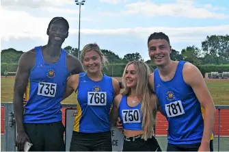  ?? ?? Team Bath AC team-mates, from left, Kenneth Muhumuza, Katie Macintosh, Mia Bates and Michael Nickells; right, Daisy Duncan in the high jump