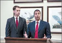  ?? Arkansas Democrat-Gazette/MITCHELL PE MASILUN ?? U.S. Sen. Tom Cotton (left) attends a news conference with FCC Chairman Ajit Pai on Friday in Little Rock in which Pai spoke of the importance of rural broadband access to economic developmen­t in Arkansas.