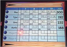  ?? COURTESY OF CAROLYN BULTMAN ?? A screen shows the duckpin bowling scores earned by Max Kubiak, his brother Tyler, his grandmothe­r, Tek Kubiak, and his aunt, Carolyn Bultman.