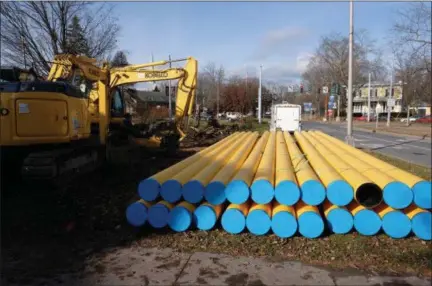  ?? PHOTO BY TONY ADAMIS ?? Materials have been placed at the site in Kingston, N.Y., where a new traffic roundabout site in being created. The roundabout will be where Broadway, Albany Avenue and Col. Chandler Drive come together.