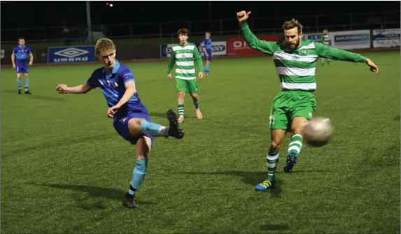  ??  ?? James Rusk, Dingle Bay Rovers in action against Pádraig O’Connor, Killarney Celtic during their Denny Premier A match in Mounthawk Park, Tralee last weekPhoto by Domnick Walsh / Eye Focus