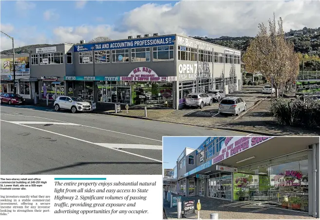  ??  ?? The two-storey retail and office commercial building at 245-251 High St, Lower Hutt, sits on a 935-sqm freehold corner site.