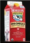  ?? MATT MCCLAIN / WASHINGTON POST ?? A carton of Horizon organic milk promotes the added DHA Omega-3 fatty acids.