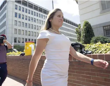  ?? AP ?? In this August 31, 2018, file photo, Canada’s Foreign Affairs Minister Chrystia Freeland arrives for trade talks at the Office of the United States Trade Representa­tive in Washington.