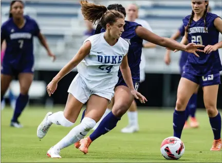  ?? CARLY MACKLER — DUKE ATHLETICS ?? Germantown Academy grad Mackenzie Pluck had a goal and an assist in the Duke women’s soccer team’s 5-0win over East Carolina on Thursday.