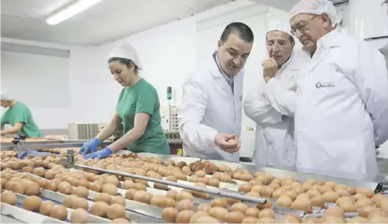  ?? Fotos: Region Castilla-La Mancha/Huevos Guillén ?? Joaquín Guillén (l.) empfängt Landespoli­tiker aus Castilla-La Mancha in einem Betrieb nahe Toledo.