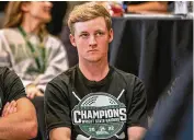  ?? CONTRIBUTE­D ?? Wright State’s Tyler Goecke watches the NCAA Division I men’s golf tournament selection show Wednesday afternoon. Goecke, a Carroll High School grad, earned Horizon League Player of the Year honors this season for the Raiders.