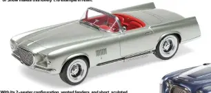  ??  ?? With its 2-seater configurat­ion, vented fenders, and short, sculpted windscreen, the 1955 Chrysler Ghia Falcon bore similariti­es to Ford’s ’55 T-Bird, but its side pipes and European-style front fascia made it even more dramatic. Minichamps has produced the Falcon in 1:43 as part of its Bortz collection.