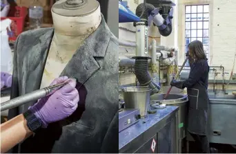  ??  ?? Perfecting a blazer for Macbeth’s Chamberlai­n; Helen Hughes, head of dyeing and painting