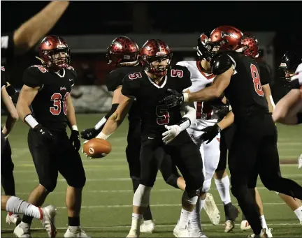  ?? PAUL DICICCO — FOR THE NEWS-HERALD ?? Chardon’s Vince Ferrante celebrates with teammates during a 38-6 Division III regional final win Nov. 6 over Canfield at Chardon.