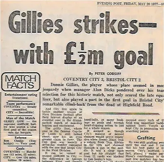  ?? ?? Bristol Evening Post reports, above, from Bristol City’s dramatic game at Coventry in 1977 and the programme cover, below