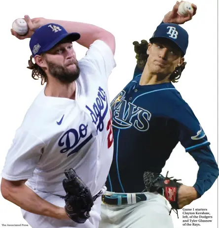  ?? The Associated Press ?? Game 1 starters Clayton Kershaw, left, of the Dodgers and Tyler Glasnow of the Rays.