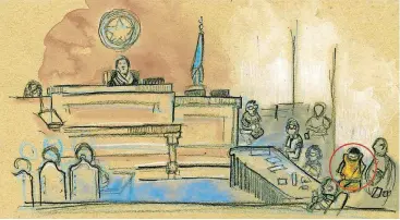  ?? [COURTROOM DRAWING BY TODD PENDLETON, THE OKLAHOMAN GRAPHICS] ?? Murderer Alton Alexander Nolen did not participat­e in his own five-week trial, sitting away from his attorneys and covering his ears with his fingers and later with his orange jail top.