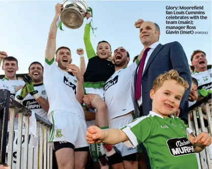  ?? SPORTSFILE ?? Glory: Moorefield fan Louis Cummins celebrates with the team (main); manager Ross Glavin (inset)