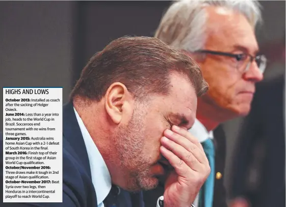  ??  ?? An emotional Ange Postecoglo­u fronts the media yesterday beside Football Federation of Australia (FFA) chief David Gallop to announce his resignatio­n.
