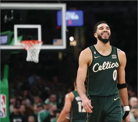  ?? NANCY LANE — BOSTON HERALD ?? Boston Celtics forward Jayson Tatum reacts during the fourth period of the game against the Memphis Grizzlies at the TD Garden on Sunday,February 12, 2023 in Boston, MA.