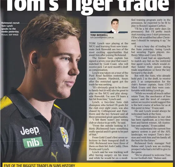  ?? Picture: AAP IMAGE ?? Richmond recruit Tom Lynch speaks to the media yesterday.