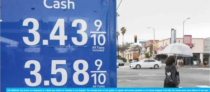  ??  ?? LOS ANGELES: Gas prices are displayed at a Mobil gas station on Tuesday in Los Angeles. The average price of one gallon of regular self-service gasoline in LA County dropped to $3.494, the lowest price since March of last year. Demand for gas and oil is declining in the wake of the coronaviru­s outbreak. — AFP