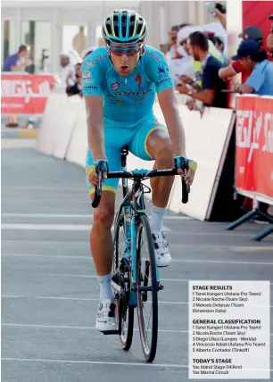  ?? — AFP ?? Astana’s Tanel Kangert claimed a nearly unassailab­le lead in the Abu Dhabi Tour with a brilliant solo attack on the climb of Jebel Hafeet.