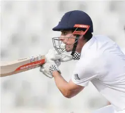  ?? ñ AFP ?? DHAKA: This file photo taken on October 30, 2016 shows England’s captain Alastair Cook playing a shot during the third day of the second Test match between Bangladesh and England at the Sher-e-Bangla National Cricket Stadium in Dhaka. As India begin...