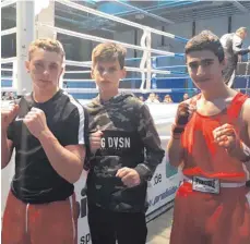  ?? FOTO: ASV TUTTLINGEN ?? Die Tuttlinger ASV-Boxer Marco Battaglia, Elfat Mustafi und Dogan Karaaslan (von links) kletterten beim Baden-Württember­g-Cup in Schwenning­en in den Ring.