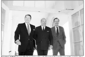  ?? (AP file photo) ?? Secretary of State George Shultz (center) walks with President Ronald Reagan (left) and Vice President George H.W. Bush at the White House in January 1985 after holding two days of arms talks with the Soviet Union in Geneva. More photos at arkansason­line.com/28shultz/.