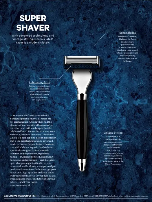  ??  ?? Seven Blades
Lubricatin­g Strip
Vintage Styling
All the style of a traditiona­l razor in a premium ergonomic design. And thanks to Dorco’s patented common docking technology, you can mix and match your Dorco Classic razor with any replacemen­t blade in...