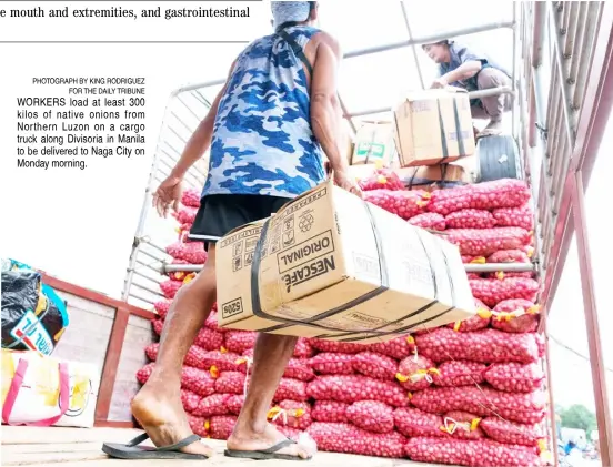  ?? PHOTOGRAPH BY KING RODRIGUEZ FOR THE DAILY TRIBUNE ?? WORKERS load at least 300 kilos of native onions from Northern Luzon on a cargo truck along Divisoria in Manila to be delivered to Naga City on Monday morning.