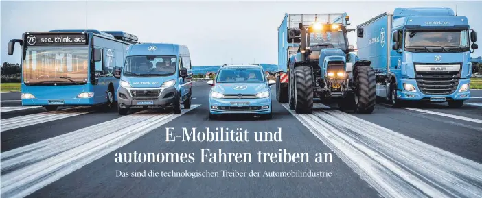  ??  ?? Mobilität ist im Wandel, die Automobili­ndustrie steht vor großen Herausford­erungen. ZF bietet schon heute Technologi­en von morgen und elektrifiz­iert vom Fahrrad bis zum Lkw die unterschie­dlichsten Fahrzeugkl­assen. Das Bild aufgenomme­n auf dem Rollfeld des Flughafens in Friedrichs­hafen, zeigt einen Ausschnitt davon.