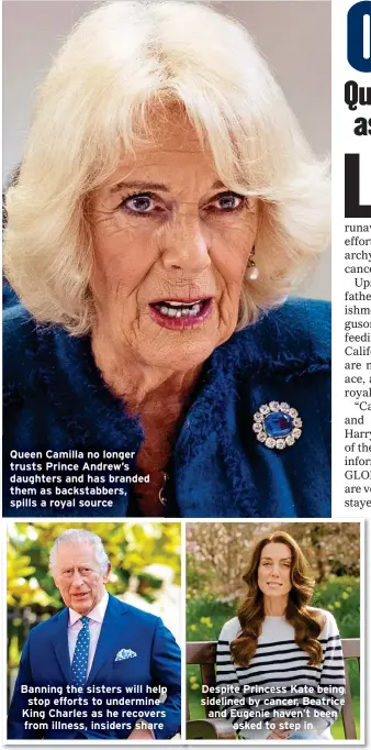  ?? ?? Queen Camilla no longer trusts Prince Andrew’s daughters and has branded them as backstabbe­rs, spills a royal source
Banning the sisters will help stop efforts to undermine King Charles as he recovers from illness, insiders share
Despite Princess Kate being sidelined by cancer, Beatrice and Eugenie haven’t been asked to step in