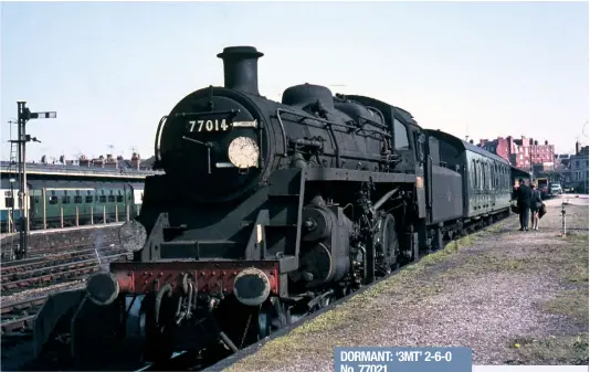  ?? COLOUR RAIL ?? Although the class was primarily based in the North Eastern and Scottish Regions, one BR ‘3MT’ 2-6-0 – No. 77014 – gained notoriety as the only ‘77XXX’ on the Southern Region, where it hauled a number of enthusiast specials. It outlived its classmates and survived until the end of Southern Region steam on July 9 1967. It is pictured at Weymouth on May 18 that year.