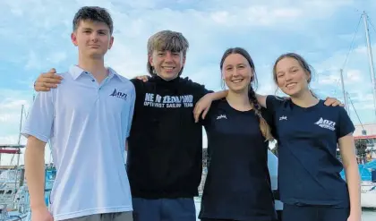  ?? Photo / Maddisyn Jeffares ?? From left, Napier sailors Finn Balchin, Jed Potbury, Rose Dickey and Tara Labat are excited to represent New Zealand in Spain for the 2023 420 sailing World Championsh­ips.