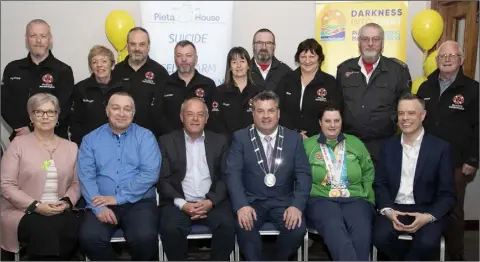  ??  ?? At the Darkness Into Light Launch were some of the Wexford volunteers, back row: Ray Gallagher, Theresa Kelly, Frank Flanagan, Martin Creane, Jackie Currid, Diarmuid Sinnott, Ben Doyle, David O’Grady and Jim Delaney. Seated: Pauline Lawlor, Pieta House; Liam McCabe, Kevin Ryan, Electric Ireland; Cllr George Lawlor, special guest Lisa Redmond and Peter Hurley, Pieta House.