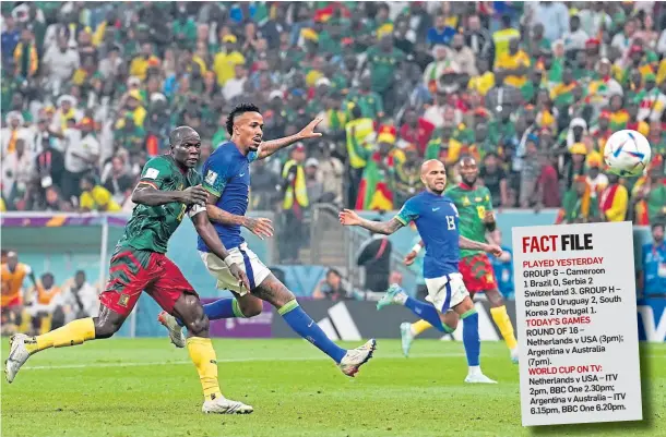  ?? Shirt. ?? BITTER SWEET: Vincent Aboubakar nails Cameroon’s winner against Brazil last night before he saw red after a second yellow for taking off his