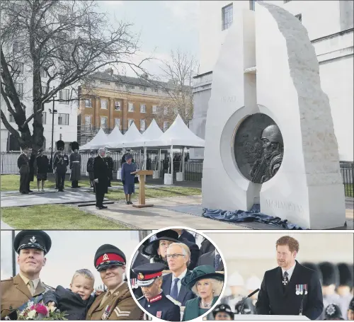  ?? PICTURES: PA. ?? ROYAL MOURNING: The Queen unveils a new Iraq and Afghanista­n memorial by Paul Day at Victoria Embankment Gardens in London; Michelle Lun with partner Mark and son Alfie, two, who gave the Queen a bouquet at the unveiling; Tony Blair attends the...