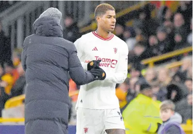  ?? AP ?? Manchester United’s Marcus Rashford is substitute­d during the English Premier League match between Wolverhamp­ton Wanderers and Manchester United at the Molineux Stadium in Wolverhamp­ton, England, yesterday.