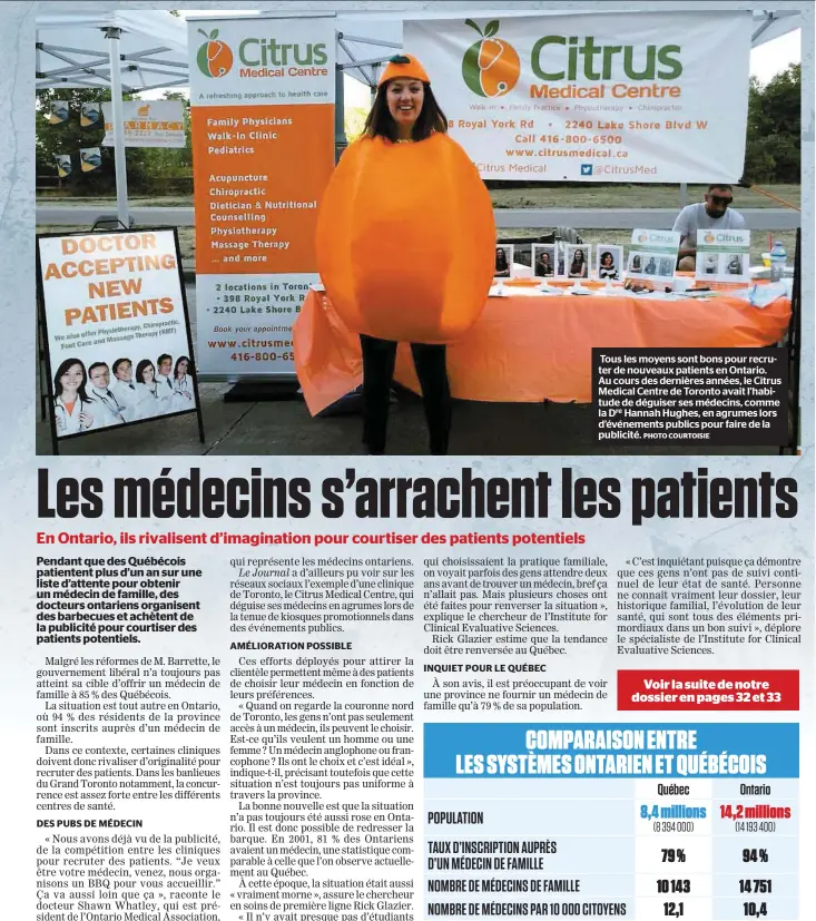  ?? PHOTO COURTOISIE ?? Tous les moyens sont bons pour recruter de nouveaux patients en Ontario. Au cours des dernières années, le Citrus Medical Centre de Toronto avait l’habitude de déguiser ses médecins, comme la Dre Hannah Hughes, en agrumes lors d’événements publics pour...